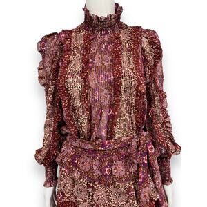 ULLA JOHNSON Pink Burgundy Elita Silk Floral Ruffle Neck Long Sleeves Top 0